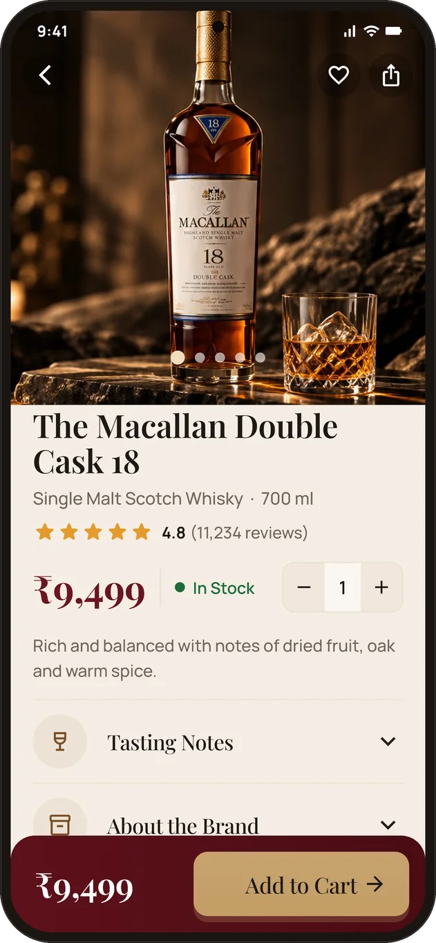 Product page for The Macallan Double Cask 18 with its price, rating and an Add to Cart bar.