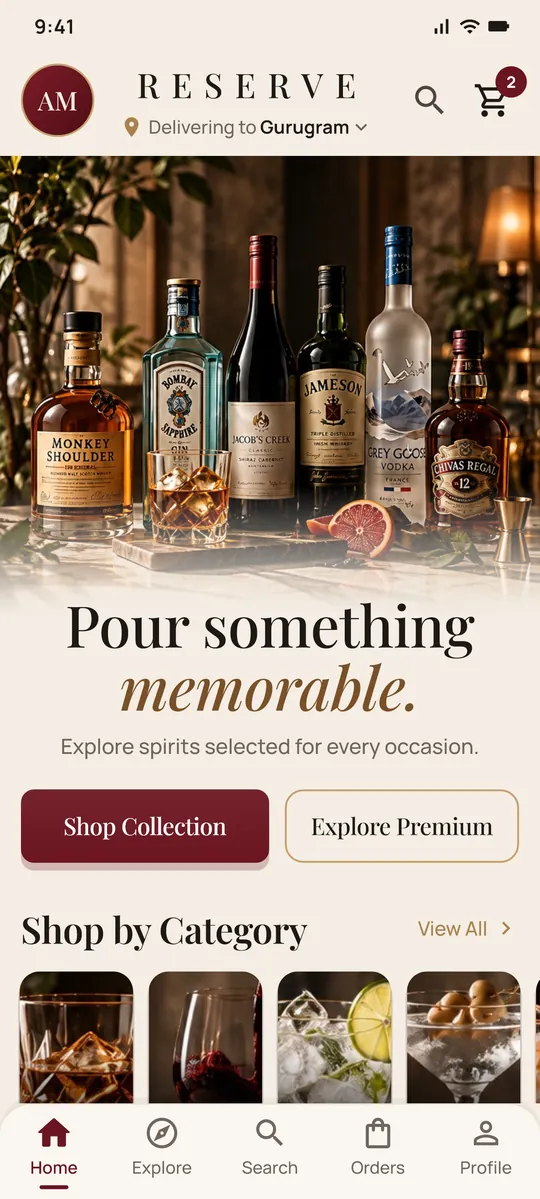 Home screen: initials avatar, RESERVE wordmark delivering to Gurugram, a bottle hero with "Pour something memorable." and category thumbnails.