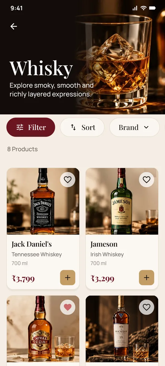 Whisky listing: a dark photo header, Filter, Sort and Brand pills, and a two-column grid of bottles with prices.