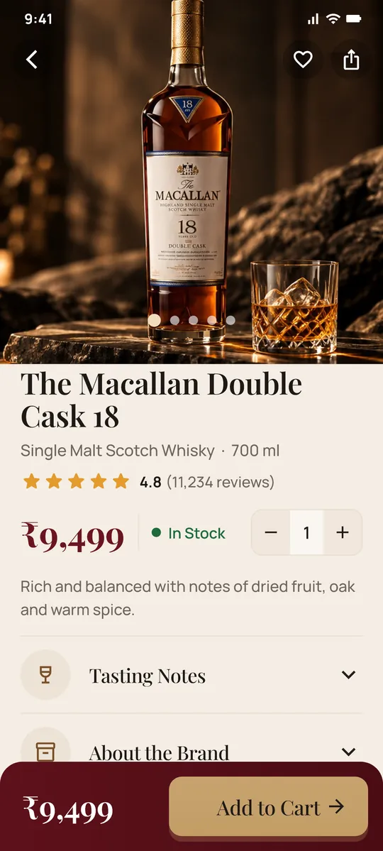 Product page for The Macallan Double Cask 18: bottle photo, 4.8 star rating, ₹9,499 In Stock with a quantity stepper and a maroon Add to Cart bar.