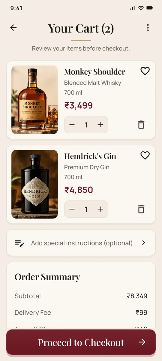 Cart with two bottles, quantity steppers, a special instructions row, an order summary and a Proceed to Checkout bar.