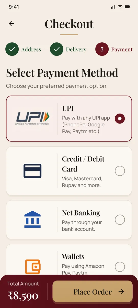 Checkout step 3 of 3: UPI selected among card, net banking and wallets, with an 18+ confirmation and a ₹8,590 Place Order bar.