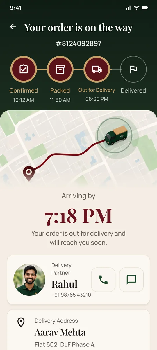 Order tracking: Confirmed, Packed and Out for Delivery steps reached, a map with a delivery van, the arrival time and the delivery partner card.