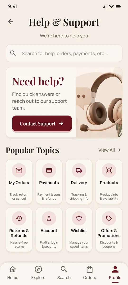 Help & Support: a search field, a "Need help?" card with a Contact Support button, and a grid of topic tiles.